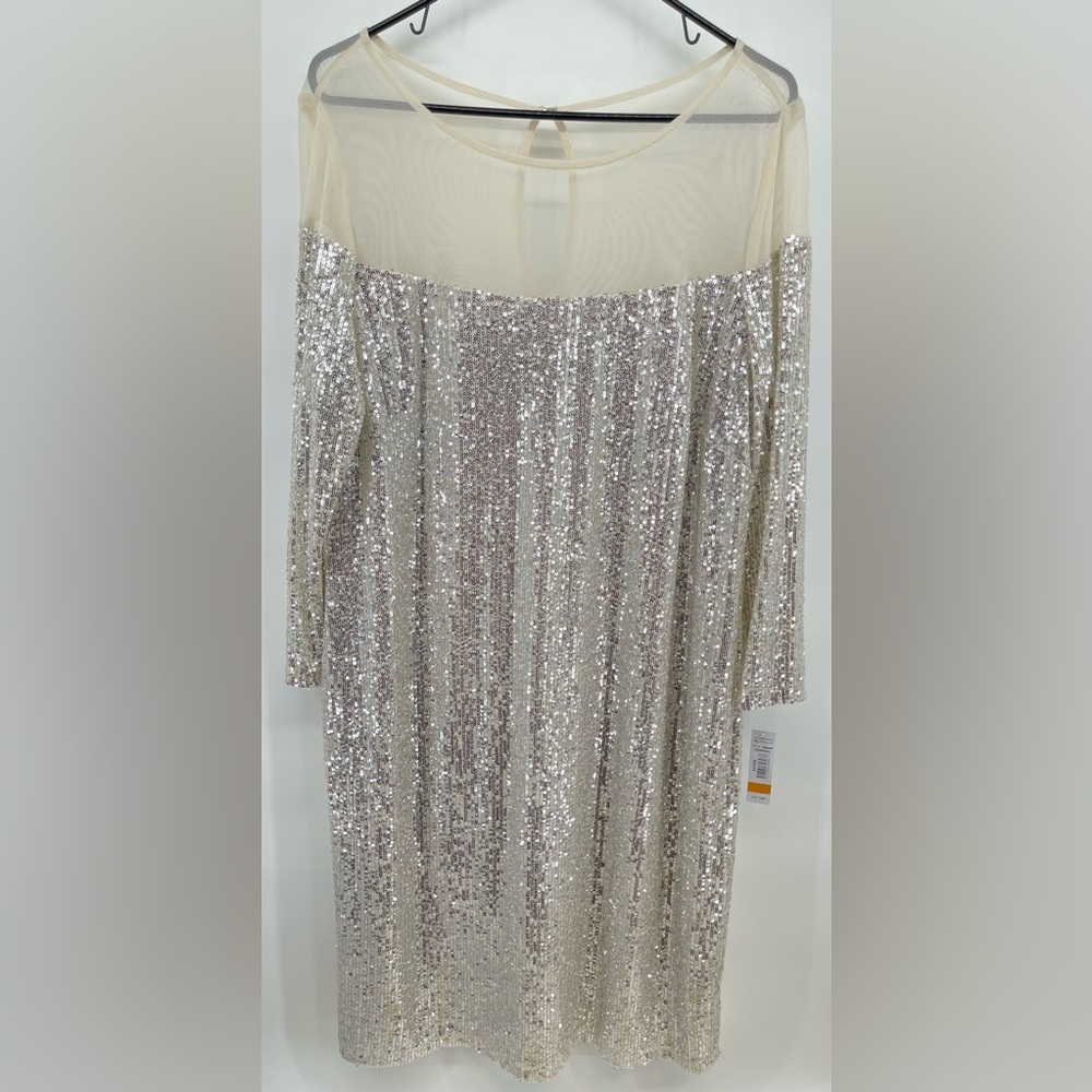 NWT R&M Event Elegant Sequin Dress in Silver Cream Sequined Sheer Lined MIDI 16W